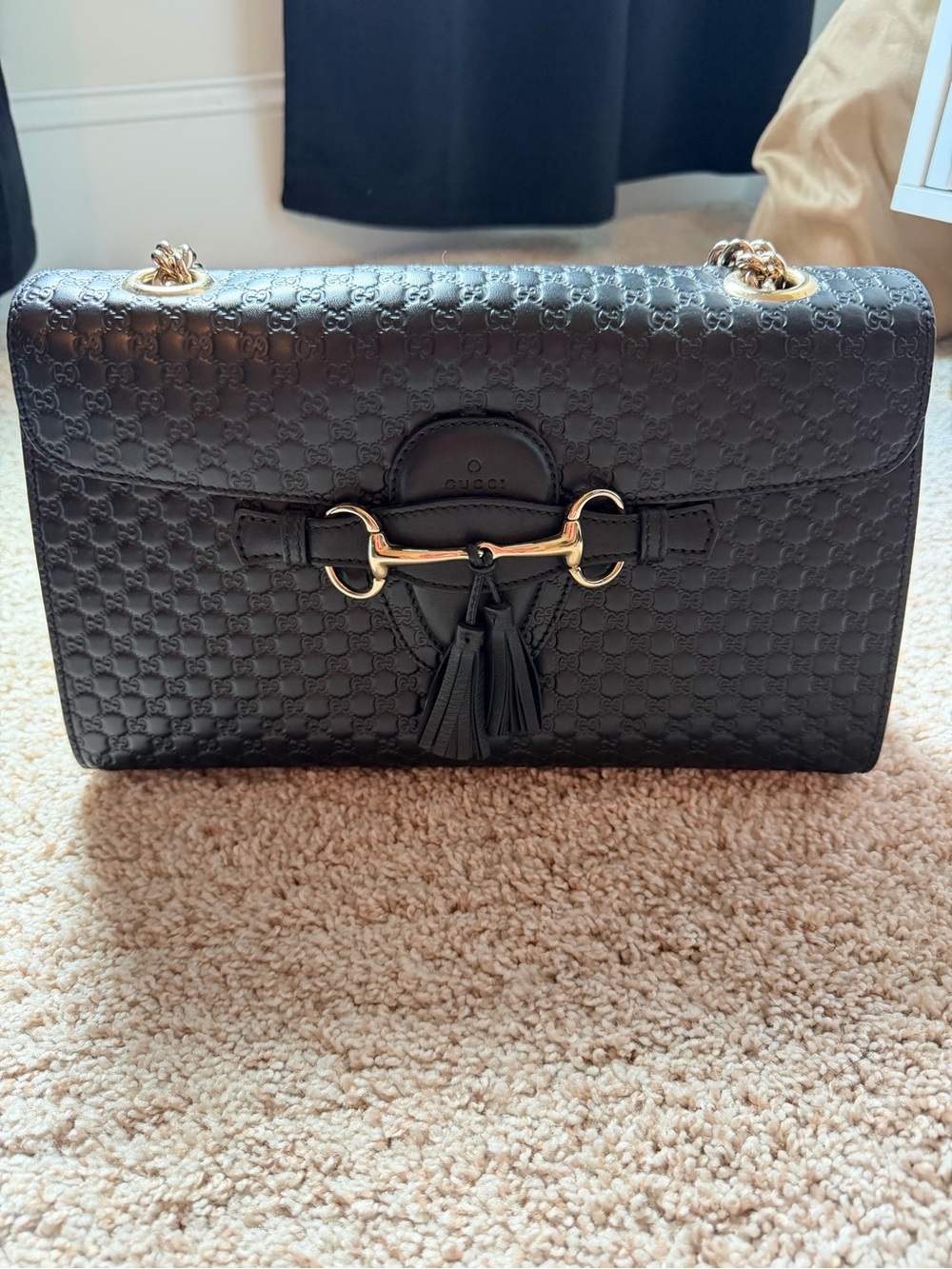 Gucci Black Embossed GG Leather Shoulder Bag with Gold Horsebit Authentic